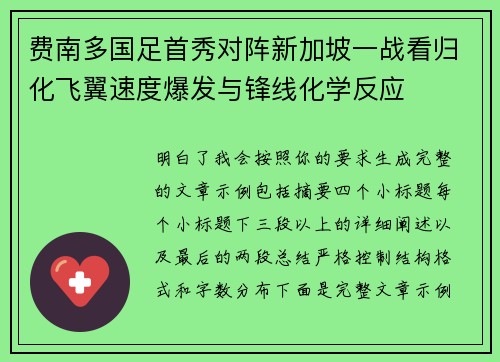 费南多国足首秀对阵新加坡一战看归化飞翼速度爆发与锋线化学反应