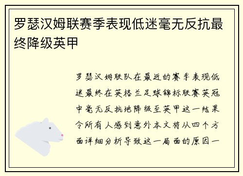 罗瑟汉姆联赛季表现低迷毫无反抗最终降级英甲